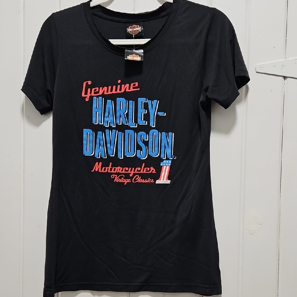Harley-Davidson Black Tee with Red and Blue Design